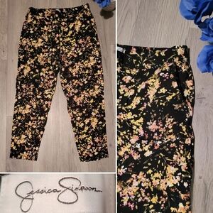 Jessica Simpson Black Floral Pull-on Crop Trouser Pant With Pockets, Woman Small